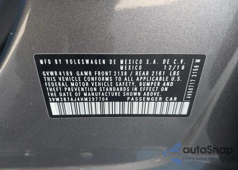 2017 Volkswagen Jetta 1.4T S z USA, uszkodzony, nr VIN 3VW2B7AJ4HM297704